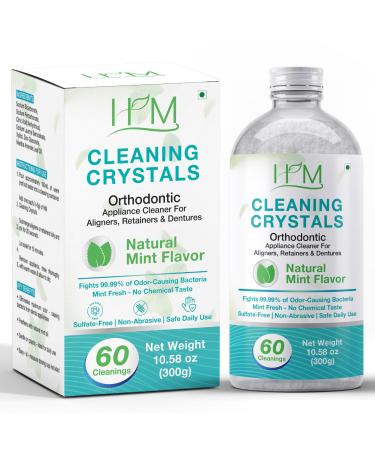 Happy Moms HM Cleaning Crystals for Aligners Retainers & Dentures Natural Mint Flavor | Eliminates Odor & Freshens | Sulfate-Free Non-Abrasive Daily Appliance Cleaner 60 Cleanings (300g)