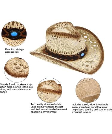 Livingston Men & Women's Woven Straw Cowboy Hat with Hat Band - Blue Bead Beige - Buy Online on GoSupps.com