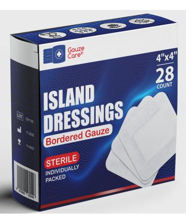 GauzeCare Island Dressing 4x4 inch 28 Pcs| Individually Packed Sterile Pouches| 2x2 Non-Stick Pad in Center with Acrylic Adhesive Borders| Water-Resistant Adhesive Pads for Wound Care and Dressing 4x4 Box of 28
