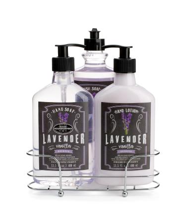 Simple Pleasures 4 Piece Kitchen Caddy with Lavender Vanilla Scented Liquid Hand Soap Dish Soap and Hand Cream in Metal Wire Carrier Organizer Basket for Sink or Countertop Display