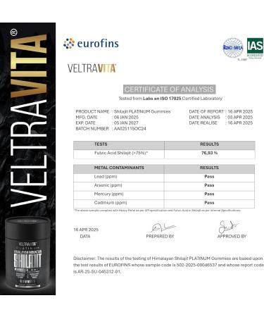 VeltraVita 28000 mg 23-in-1 Himalayan Shilajit for Men Ashwagandha Gummies Platinum Irish Sea Moss Gel Black Seed Oil Manuka Honey Medical Grade Tongkat Ali Rhodiola Rosea No Sugar Lab Test - Buy Online on GoSupps.com