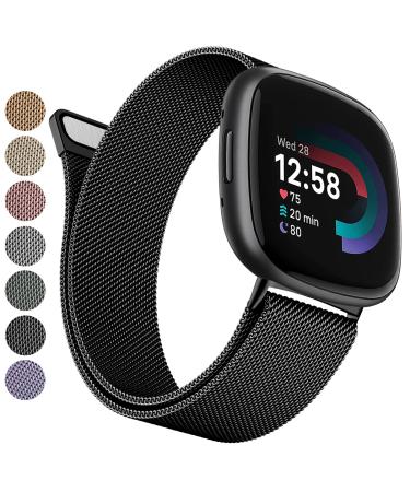 YILED Metal Bands Compatible with Fitbit Versa 3/Versa 4/Fitbit Sense/Sense 2 for Women Men, Stainless Steel Mesh Breathable Wristband Strap with Adjustable Magnet Lock Large Black