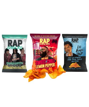 Rap Snacks Lil Baby, Rick Ross, and Migos, Sweet Chili Lemon Pepper, and Sour Cream with a Dab of Ranch Chips Variety-Pack of 6 Migos, Rick Ross, Lil Baby Pack