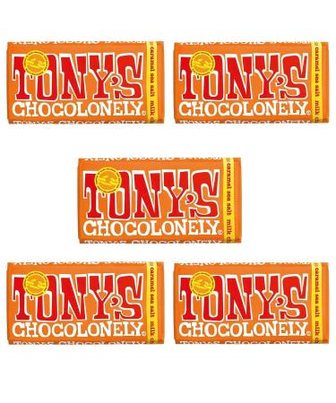 Tony's Chocolonely Chocolate 180g - Pack of 5 Milk Chocolate Caramel Sea Salt