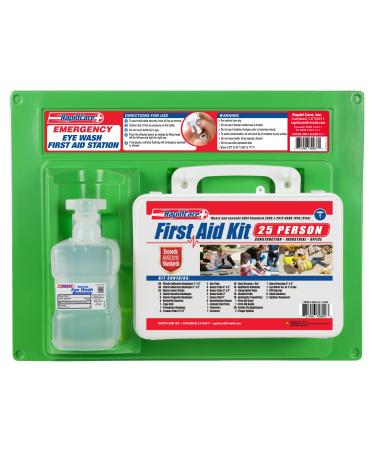 Rapid Care First Aid 662FAK-15-1 16 oz Eye Wash Station with 25 Person First Aid Kit, Exceeds OSHA/ANSI 2015 Standards, FDA Compliant, Wall Mountable, 20" x 14" x 4", Red, White & Blue Eye Wash Station with ANSI 2015 First…