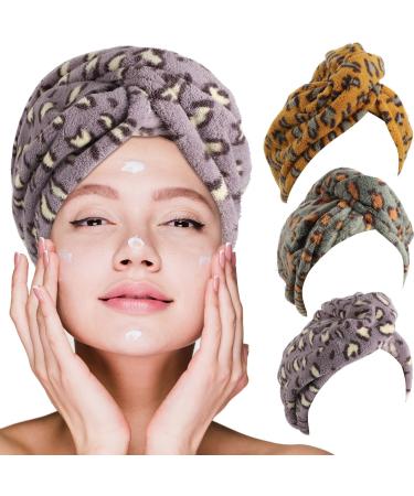 3 pieces leopard microfiber hair towel dry hair cap anti-ruffed curly hair towel hair turban microfiber bath towel hat to dry wet hair (several colors) multicolored
