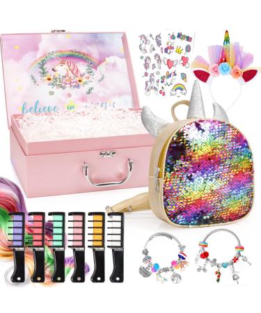 Unicorn Gift Set in Mystery Box for Girls - Pink Glitter Unicorn Bag, DIY  Charm Bracelet Making Kit, Temporary Bright Hair Chalk, Glamorous Headband,  Gift for Teen and Preteen Girls(Pink Unicorn Bag)