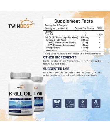 Twinbest Antarctic Krill Oil Softgels 2-Pack 1250mg Per Serving 180 Softgels Supply Rich in Omega 3 Fatty Acids EPA DHA Phospholids and Astaxanthin Non GMO - Buy Online on GoSupps.com