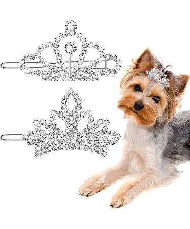 MTLEE 2 Pieces Dog Tiara Crown Hair Clips Clear Crystal Rhinestone Hair Barrettes Pet Crown Hair Clips Girls Puppies Barrette for Pet Dogs Grooming Hair Costume Accessories (Silver)