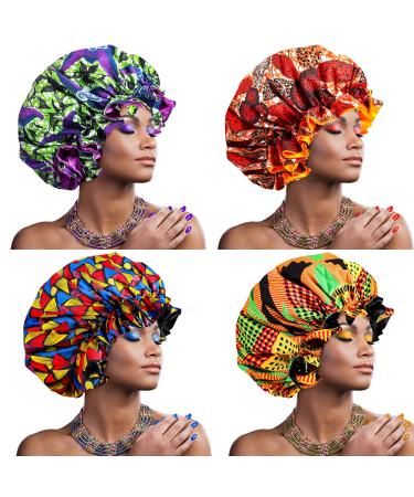 Janmercy 4 Pieces African Satin Bonnet Black Women Soft Sleeping Bonnet with Adjustable Buckle Double Layer Sleep Cap Extra Large Sleeping Cap Reversible Night Hair Bonnets for Women Girls