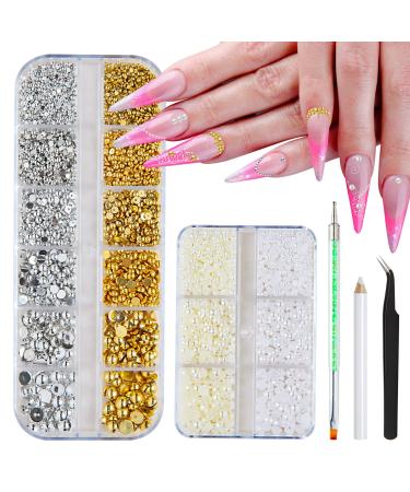 5600 PCS Nail Art Pearls Flatback Pearls  2 Boxes Multi Size Gold Silver Beige White Nail Gems Nail Charms with Nail Art Brushes  Pencil and Tweezer for Nail Art Face Eye Body Makeup and DIY Crafts