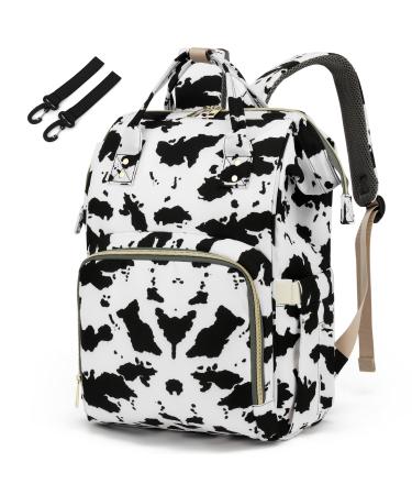 Diaper Bag Backpack for Baby Girls, Yusudan Mom Waterproof Large Nappy Bags for Women Cow Print White