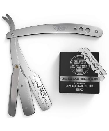 Straight Edge Barber Razor for Close Shaving - Professional Straight Blade Razor for Men with 100 Single Edge Blades- Mens Straight Razor Kit