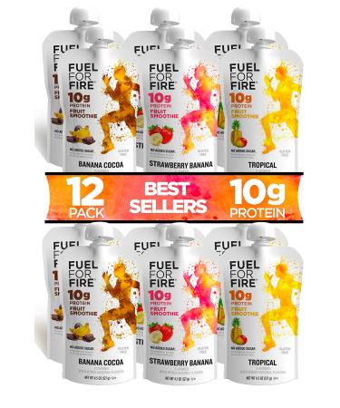 Fuel For Fire - Variety - Best Sellers (12 Pack) Fruit & Protein Smoothie Squeeze Pouch | Perfect for Workouts, Kids, Snacking - Gluten-Free, Soy-Free, Kosher (4.5 ounce pouches) Variety - Best Sellers 4.5 Ounce (Pack of 12)