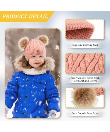 Kids Winter Pom Pom Hat Set - 3 Piece Knitted Ski Beanie Cap for Boys & Girls 1-3 Years Old - Black, Khaki, Pink - Buy Online on GoSupps.com