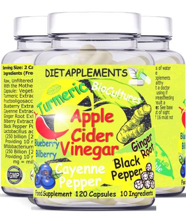 Raw Unfiltered Apple Cider Vinegar with The Mother | Turmeric Ginger Black Pepper Cayenne Pepper Blueberries Bilberries | High Strength Bio Cultures | Vegan Vegetarian Potent Capsules. 1 Bottle