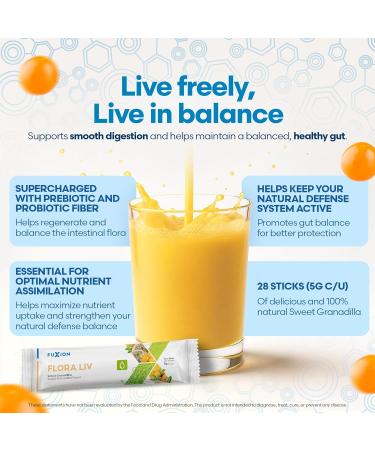 FuXion Flora Liv | Probiotic Drink | Probiotics for Women and for Men | Gut Health | Helps Mantain Balance of the Instestinal Flora | Lactobacillus and Bifidobacterium | Sweet Granadilla Flavor | 28u - Buy Online on GoSupps.com