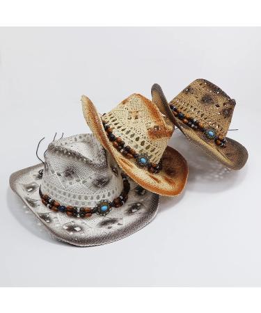 Jiaoji Men & Women's Woven Straw Cowboy Hat | Shapeable Brim Beach Cowgirl Tea Coffee/Beads - Buy Online on GoSupps.com