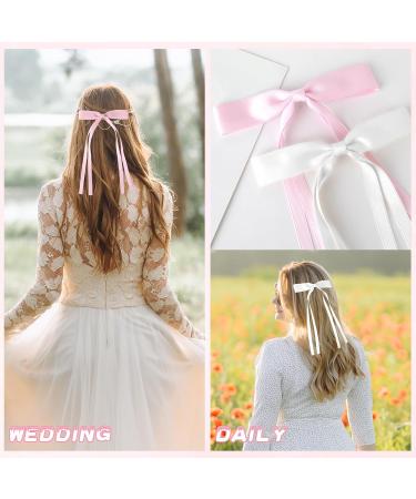 WLLHYF 4Pcs Tassel Ribbon Hair Clips Silky Satin Bows Hair Barrettes Long Tail Bowknot Ponytail Holder Metal Slides Claw Hair Valentine's Day Accessories for Women Girls Kids White+Pink - Buy Online on GoSupps.com