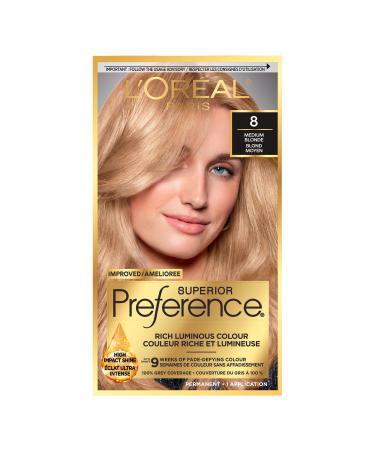 L Or al Paris Superior Preference 9 weeks of Luminous Fade-Defying Permanent Hair Dye 8 Medium Blonde 100% Grey Coverage 1 Hair Dye Kit (Packaging May Vary) Medium Blonde 1 count (Pack of 1)