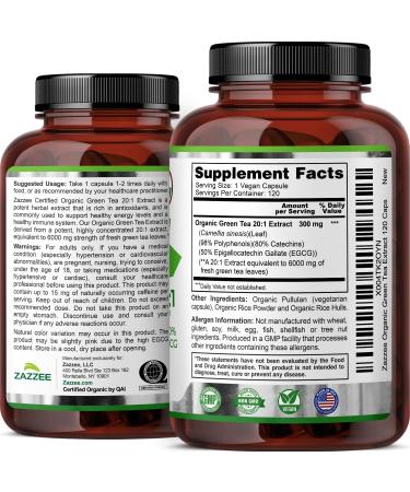Zazzee USDA Organic Green Tea 20:1 Extract 6000 mg Strength 50% EGCG 98% Polyphenols and 80% Catcehins 120 Vegan Capsules 4 Month Supply Standardized and Concentrated 20X Potency Non-GMO - Buy Online on GoSupps.com