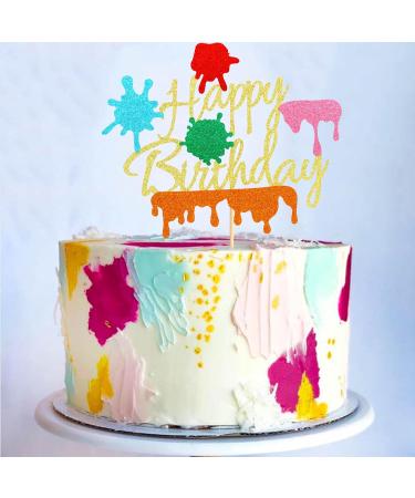 Arthsdite 1Pc Painting Cake Topper Painter Art Themed Slime Happy Birthday Cake Decoration for Gils Boys Birthday Bday Party Supplies - Gold Glitter - Buy Online on GoSupps.com