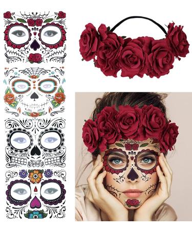 4 Kits Day of the Dead Sugar Skull Temporary Face Tattoo Makeup Tattoo for Men and Women with 1 Rose Red Flower Crown Headband for Halloween Costume