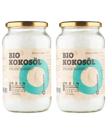 Organic coconut oil Coconativo - 2x1000ml (1l) - organic coconut fat coconut oil premium native cold -pressed raw food quality pure for cooking roasting and baking for hair and skin coconut 1 l (2 pack)