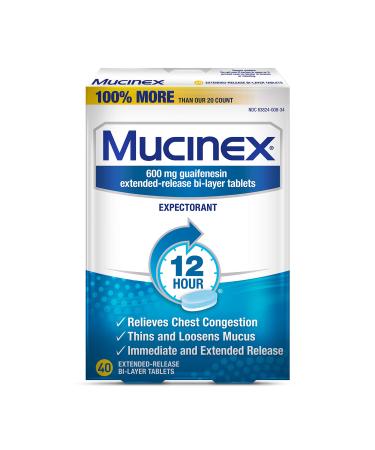 Chest Congestion, Mucinex 12 Hour Extended Release Tablets, 40ct, 600 mg Guaifenesin Relieves Chest Congestion Caused by Excess Mucus, #1 Doctor Recommended OTC expectorant