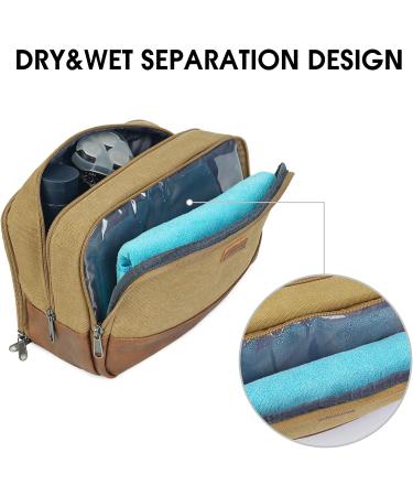 WANDF Travel Toiletry Bag for Men Hanging Dopp Kit Canvas Toiletry Organizer Water-Resistant Vegan Leather Shaving Bag for Toiletries Accessories (Khaki) Brown - Buy Online on GoSupps.com
