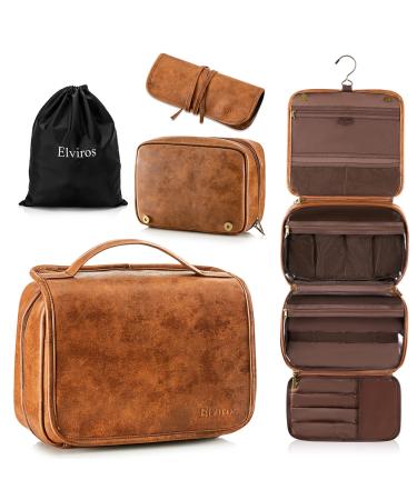 Elviros Toiletry Bag Hanging Travel Organizer for Men and Women 3 in 1 Multifunctional Large Makeup Cosmetic Case for Toiletries Accessories Water-resistant PU Leather Bathroom Dopp Kit Shaving Bag (Brown)