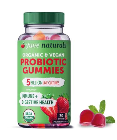 Yuve Vegan USDA Organic Probiotic Gummies - 5 Billion CFU - Promotes Digestive Health & Immunity - Helps with Constipation Bloating Detox Leaky Gut & Gas Relief - Natural Non-GMO Gluten-Free 30ct