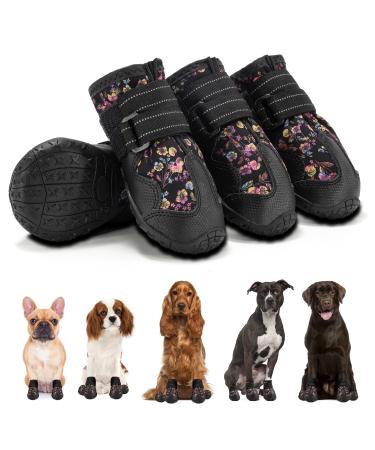 Dog Shoes for Small Medium Large Dogs Boots, Soft Breathable Dog Shoes with Reflective Straps, Anti-Slip Dog Booties Paw Protector for Outdoor Winter Snow Hot Pavement Hiking 4PCS Flower #6 (width 2.55 inch) for 52-68 lbs