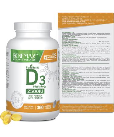 Benemax Vitamin D3 2500 IU For Healthy Bones Teeth and Helps Prevent Vitamin D Deficiency Plant Based & Vegan 360 Day Supply - Buy Online on GoSupps.com