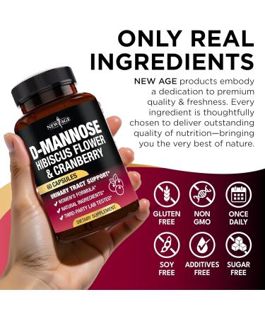 NEW AGE D-Mannose with Cranberry & Hibiscus - High Strength for Urinary Tract Health - Supplement for Women - Bladder Liver & Microflora Support - Made in USA - Vegan 120 Capsules 60 Count (Pack of 2) - Buy Online on GoSupps.com