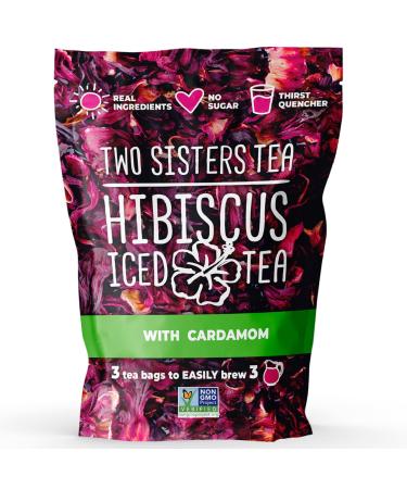 Two Sisters Hibiscus Family Size Tea Bags | Cardamom Hibiscus Iced Tea Mix | Healthy Herbal Tea, Caffeine Free, Non-GMO | 3 Large Pouches of Red Hibiscus Iced Tea Cardamom 1 Count (Pack of 1)