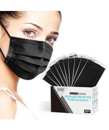 EHH Black Disposable Face Masks, Individually Wrapped, Breathable Face Mask for Men Women, 3- Ply, Comfortable Adult Masks with Adjustable Nose Wire & Elastic Ear Loop 50 Pcs, Black Adult-black