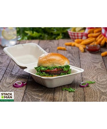 Stack Man 6x6 Compostable Clamshell Food Containers 50-Pack - Eco-Friendly Biodegradable Bagasse, Natural Disposable Take Out Containers - Heavy-Duty Quality To Go Containers - Buy Online on GoSupps.com