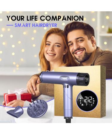 Fast Ionic Hair Dryer with Diffuser & Flat Nozzle - 120 000rpm Self-Cleaning LCD 4 Temps & 3 Speeds - Portable Blow Dryer for Women & Men (Grey Purple - Buy Online on GoSupps.com