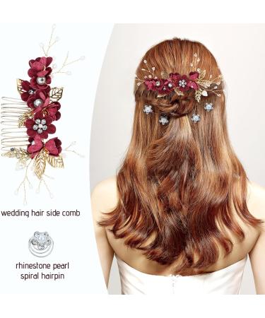 Cinaci 18 Pieces Bridal Wedding Party Prom Pearl Rhinestone Burgundy Flower Hair Side Combs Slides+U-shaped Flower Hair Pins+Twist Spiral Hairpins Floral Headpieces for Brides Bridesmaids Women Girls - Buy Online on GoSupps.com
