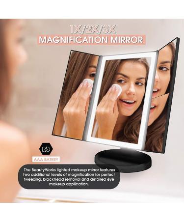 Beautyworks Backlit Makeup Vanity Mirror - 36 LED Lights, Touch-Screen Control, Tri-Fold, 1/2/3X Magnification, Portable HD Cosmetic Mirror (Midnight Black) - 3x Magnification - Buy Online on GoSupps.com
