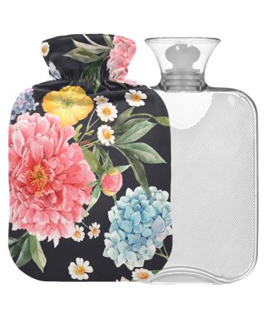 NAANLE hot water bottle with cover watercolor hydrangeas transparent hot water bottle 1 l hot water bottle for menstrual cramps relief of hand feet heat and cold therapy 1L