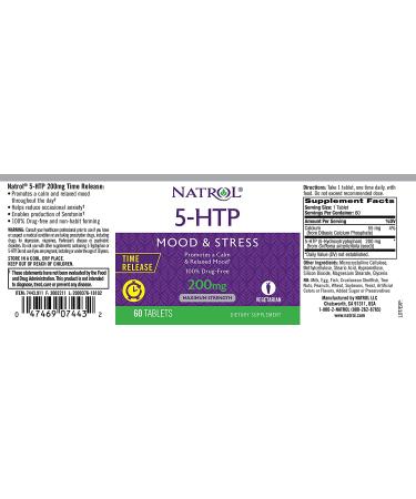 Natrol 5-HTP Time Release Tablets - Promotes Calm & Positive Mood - Drug-Free, Maximum Strength 200mg - 60 Count - Buy Online on GoSupps.com