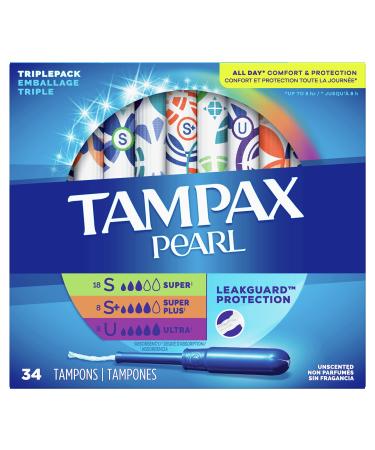 Tampax Pearl Tampons Trio Pack, Super/Super Plus/Ultra Absorbency with BPA-Free Plastic Applicator and LeakGuard Braid, Unscented, 34 Count - Buy Online on GoSupps.com