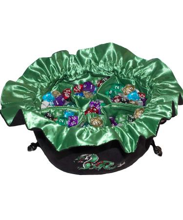 Large Dice Bag with Pockets  Embroidered Green Dragon DND Dice Bag | Green Satin Interior Lining | Man-Handles 150+ Dice