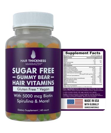 Hair Thickness Maximizer Sugar Free Hair Gummy Bear Vitamins with Biotin 5000 mcg. Vegan Gluten Free Chewy Natural Hair Vitamin Gummies for Men and Women. Great for Hair Growth Skin and Nails - Buy Online on GoSupps.com