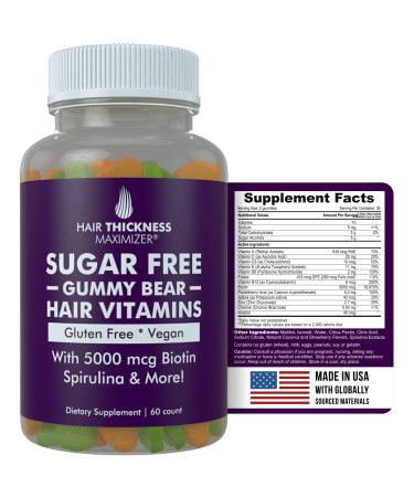 Hair Thickness Maximizer Sugar Free Hair Gummy Bear Vitamins with Biotin 5000 mcg. Vegan Gluten Free Chewy Natural Hair Vitamin Gummies for Men and Women. Great for Hair Growth Skin and Nails