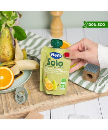Hero Solo Organic Bottle of Banana Pear and Orange 100% Natural Organic Fruit Puree Compote without Added Sugar Gluten Free for Babies from 4 Months Pack of 18 x 100 g - Buy Online on GoSupps.com