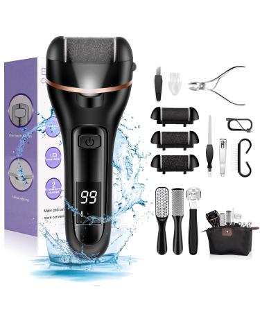 Electric Callus Remover for Feet, Rechargeable Foot File for Dead Skin, Portable 16 in 1 Professional Pedicure Kit for Foot Scrubber Hard Skin Remover with 3 Roller Heads 2 Speed, Battery Display Black