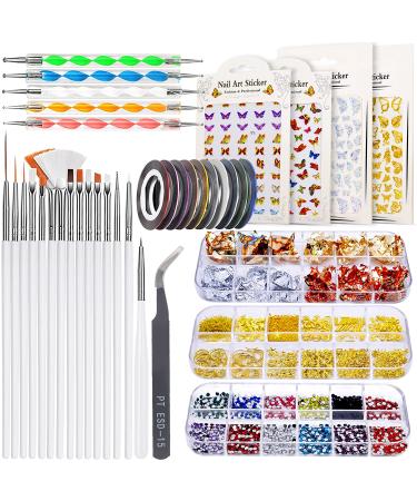 JOYJULY Nail Brushes for Nail Art, Nail Art Kit for Beginners with Nail Art Brushes Dotting Tools Holographic Nail Art Stickers Nail Foil Tape Strips and Nails Art Rhinestones and Pick-Up Tweezers 28 Piece Set White